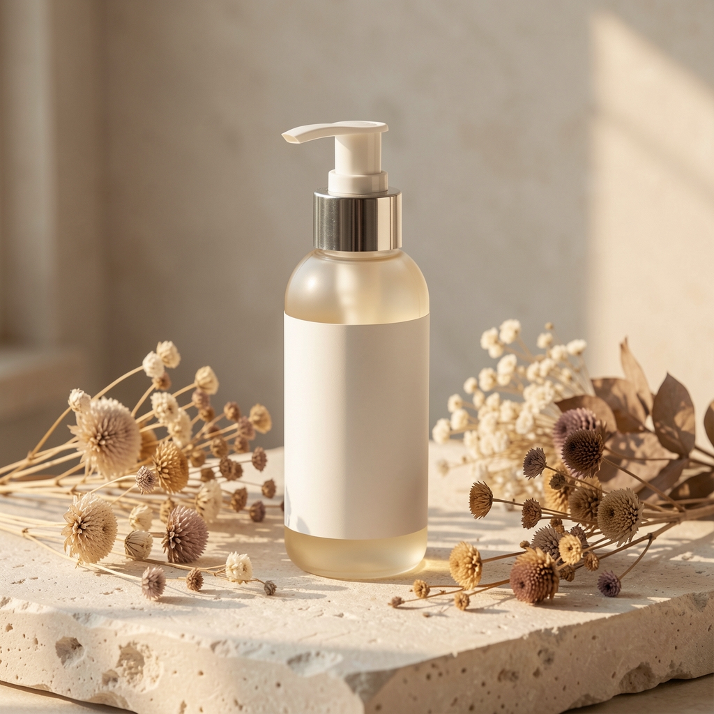 Body lotion bottle on pale stone surface surrounded by dried botanical flowers, soft afternoon light
