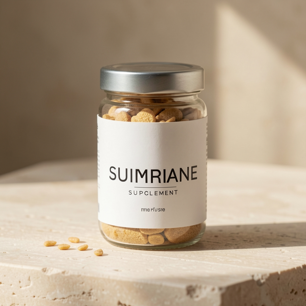 Supplement jar with natural light composition on pale stone surface, editorial product photography